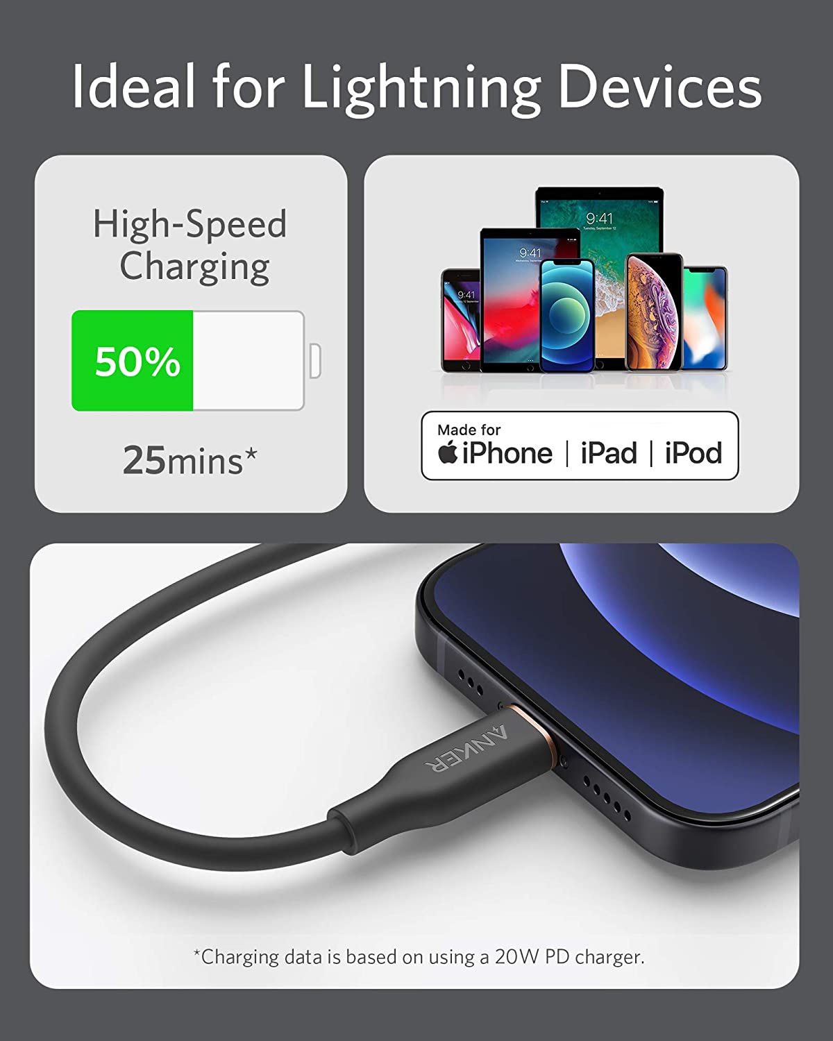 Anker <b>641</b> USB-C to Lightning Cable (Flow, 3ft Silicone)