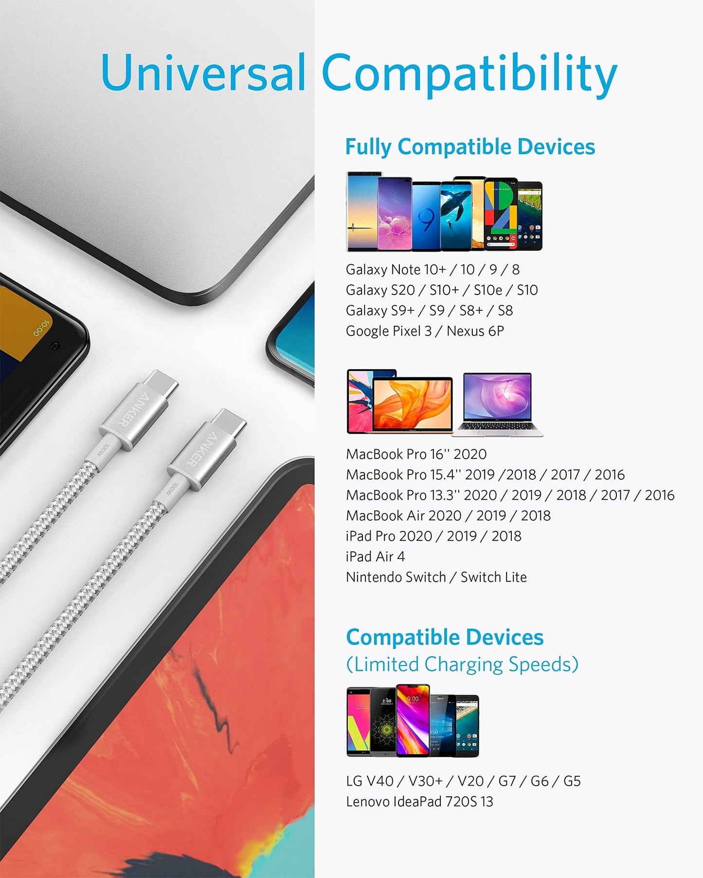 New Nylon USB-C to USB-C 100W Cable (10 ft)