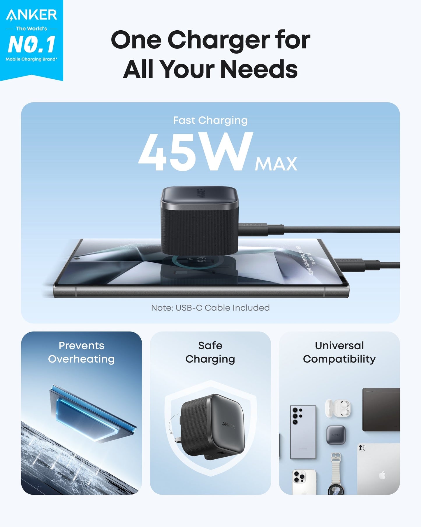 Anker Nano Wall Charger 45W USB-C Compact and Foldable Charger