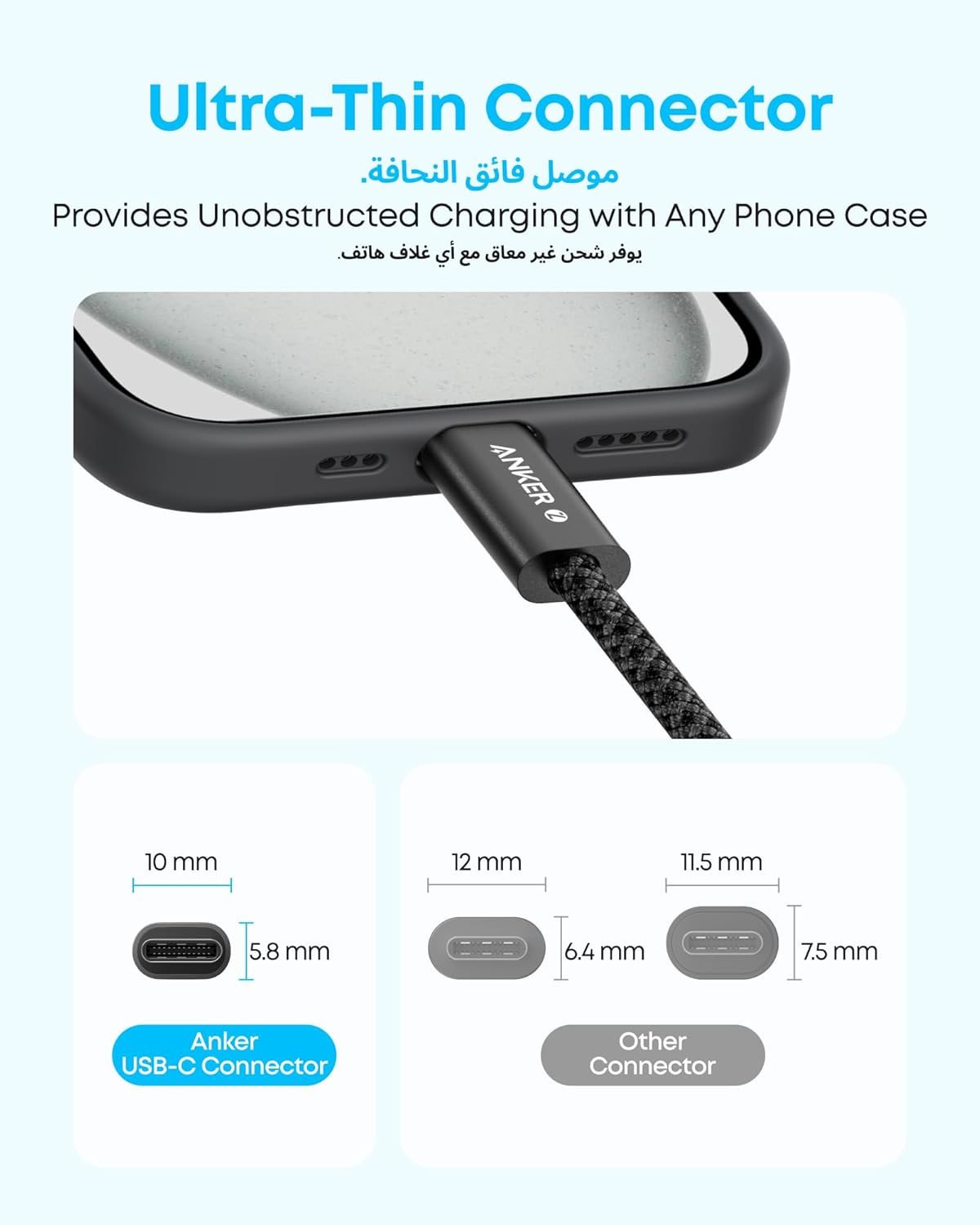 Anker USB-C cable with silver connector for charging