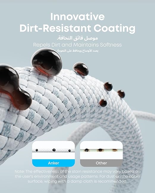 Anker cable repels dirt with innovative coating for softness.
