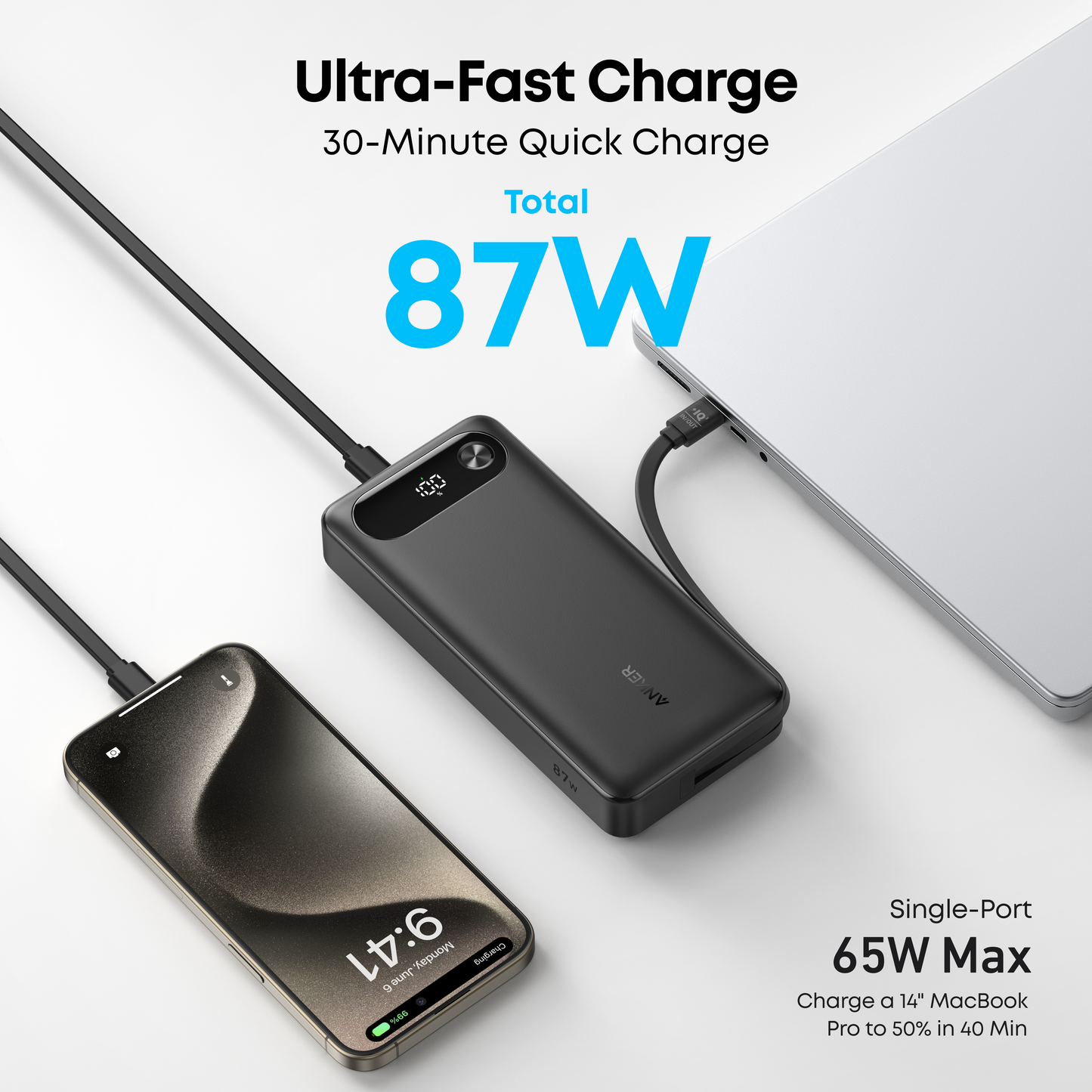 Anker Power Bank 20000mAh 87W Built-In USB-C Cable