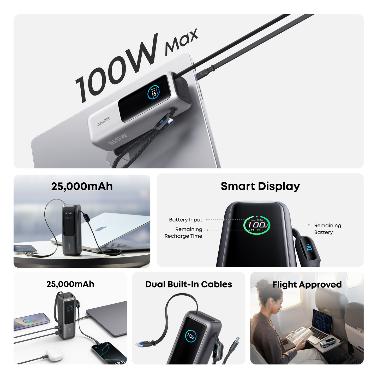 Anker Power Bank 25000mAh 165W Built-In Retractable USB-C Cable