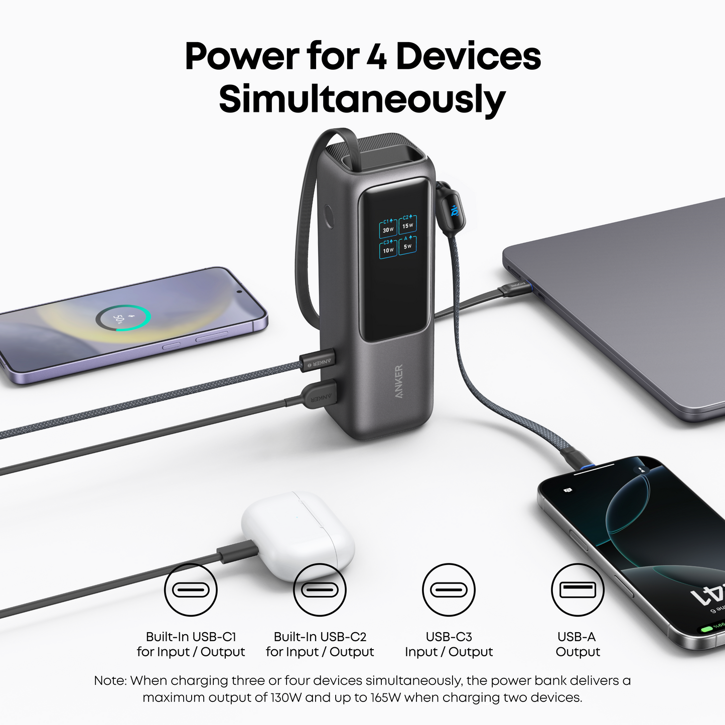 Anker Power Bank 25000mAh 165W Built-In Retractable USB-C Cable