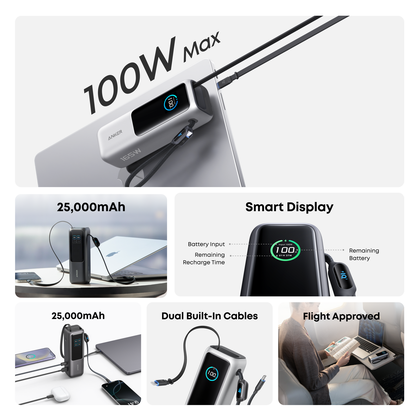 Anker Power Bank 25000mAh 165W Built-In Retractable USB-C Cable