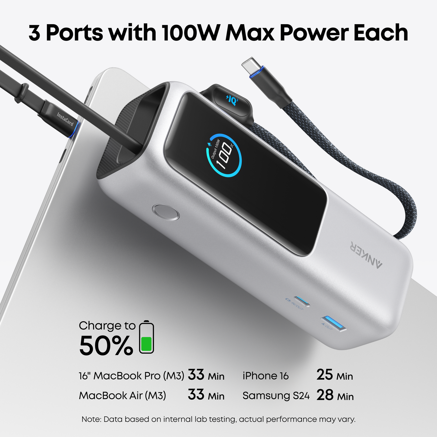 Anker Power Bank 25000mAh 165W Built-In Retractable USB-C Cable