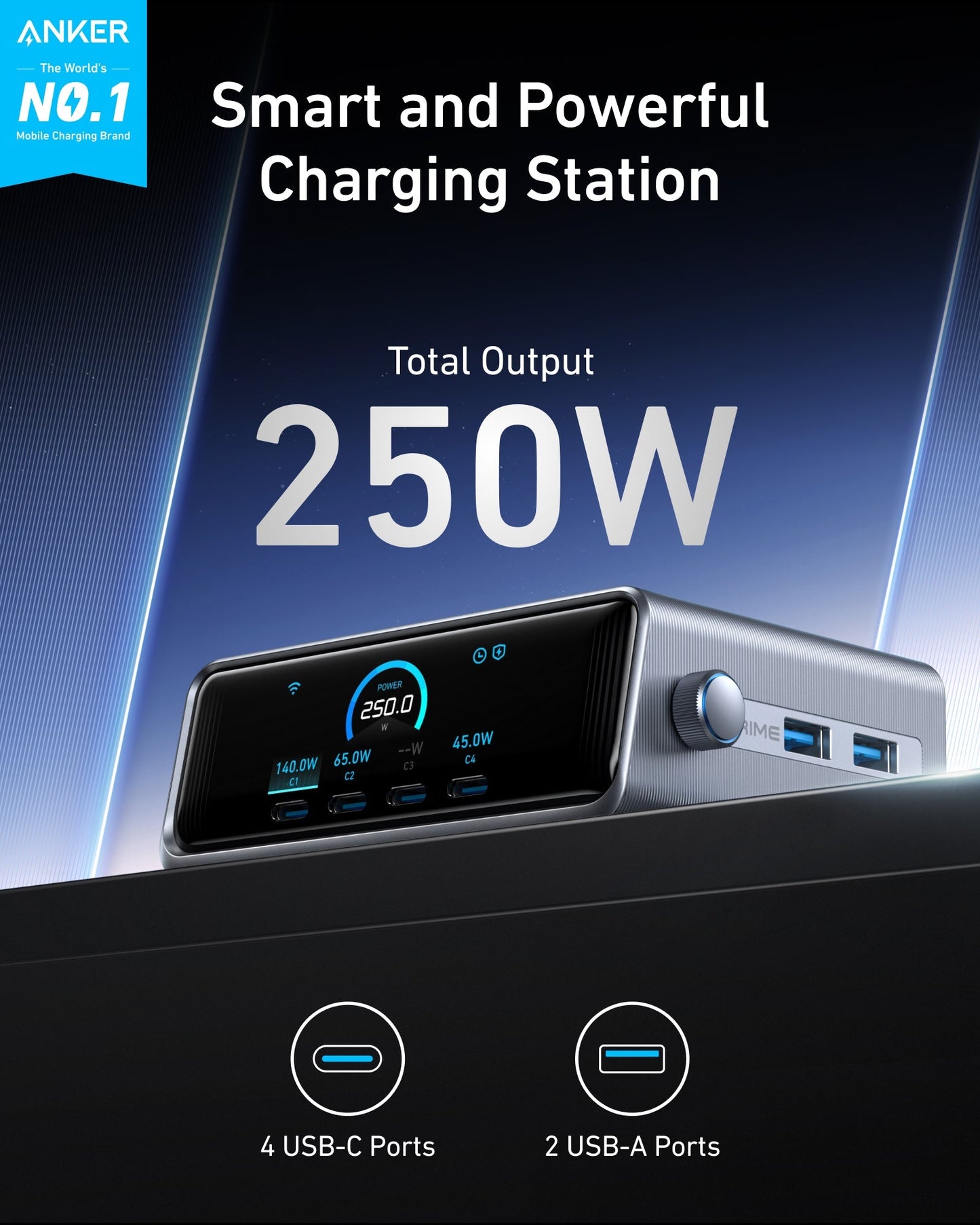 Anker Prime Desktop Charger 250W 6 Ports + Anker USB C to USB C Cable (3.3FT, 2Pack)