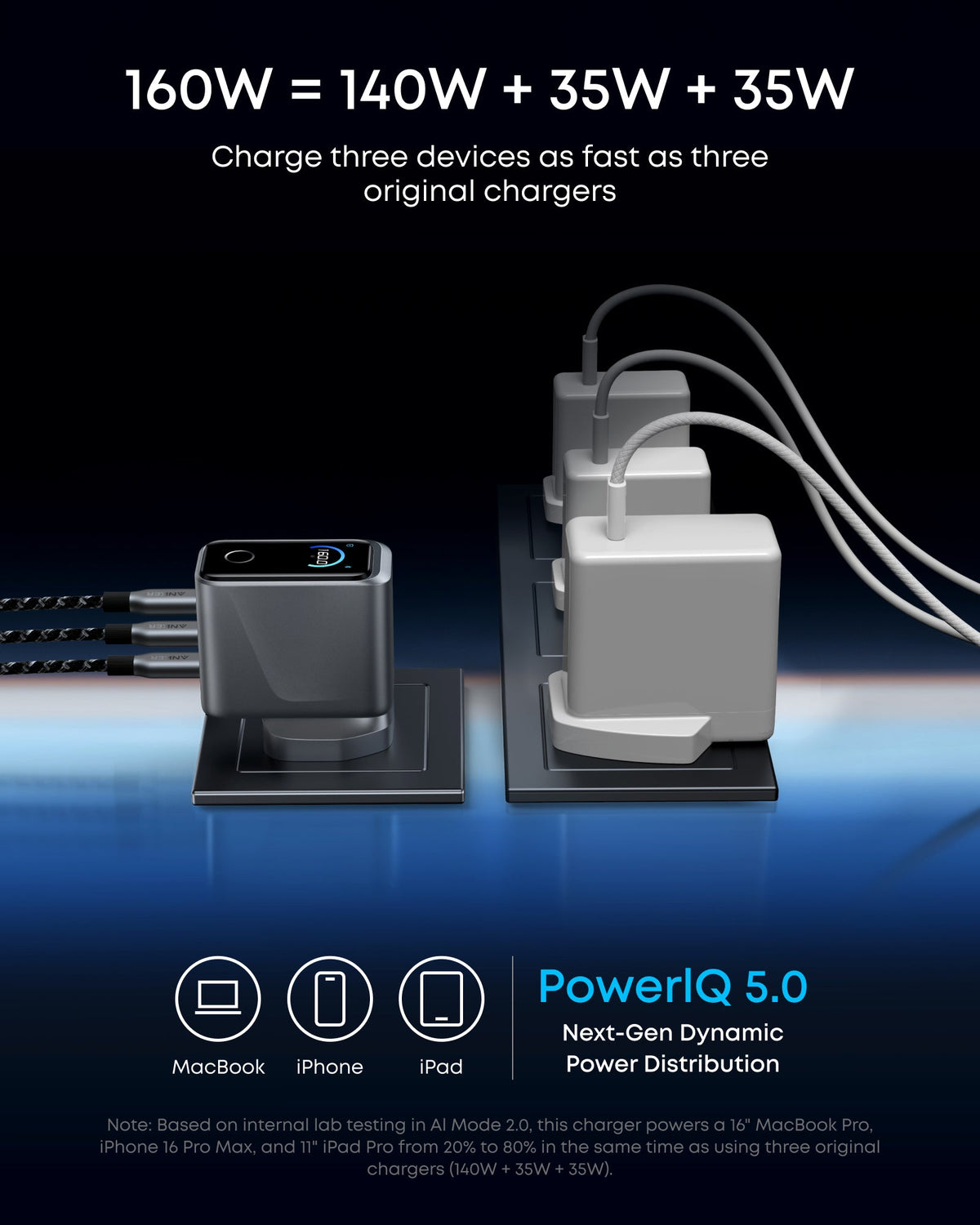 Anker Prime Charger (160W, 3 Ports, Smart Display) + USB-C to USB-C Cable (240W, Upcycled-Braided)