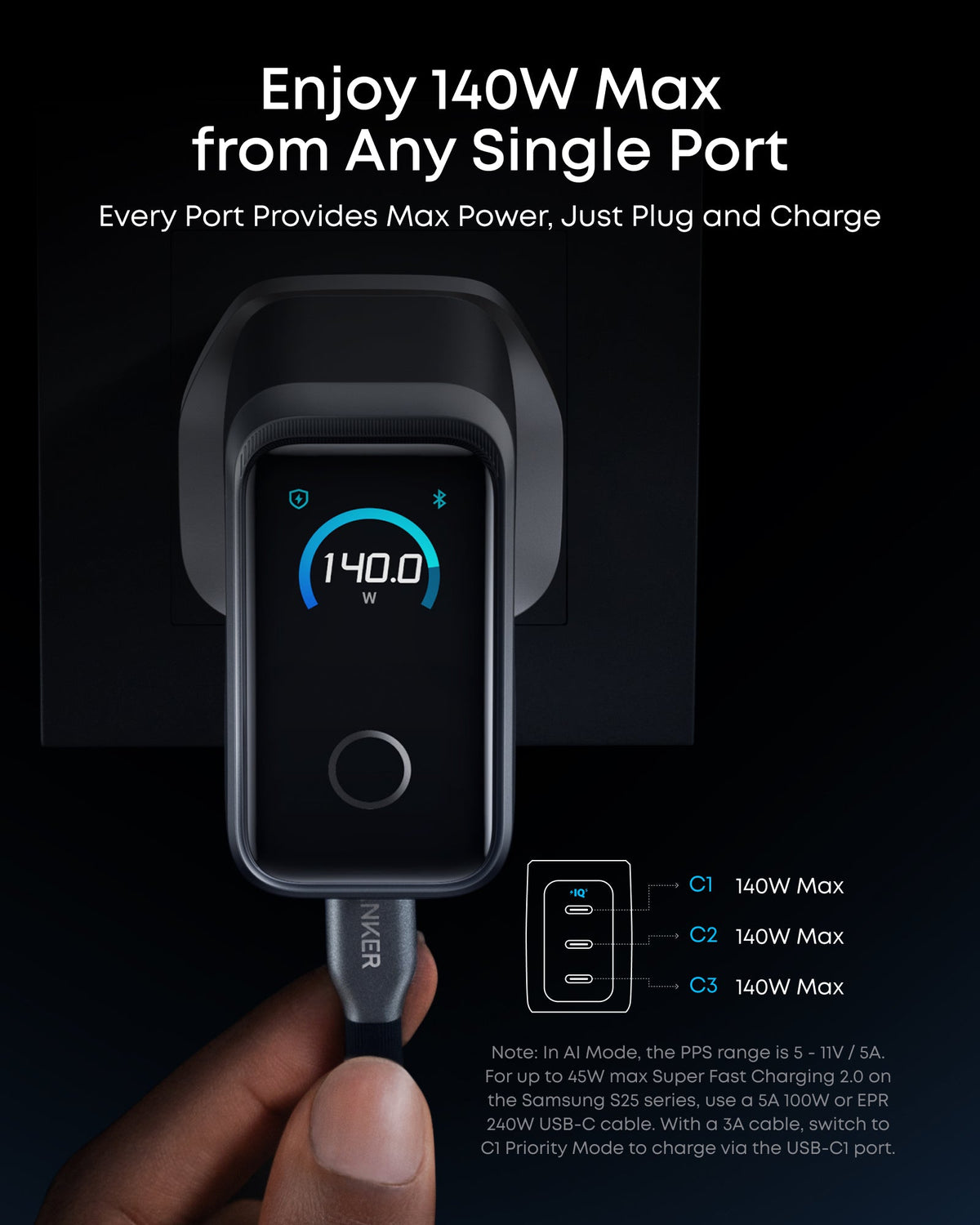 Anker Prime Charger (160W, 3 Ports, Smart Display) + USB-C to USB-C Cable (240W, Upcycled-Braided)