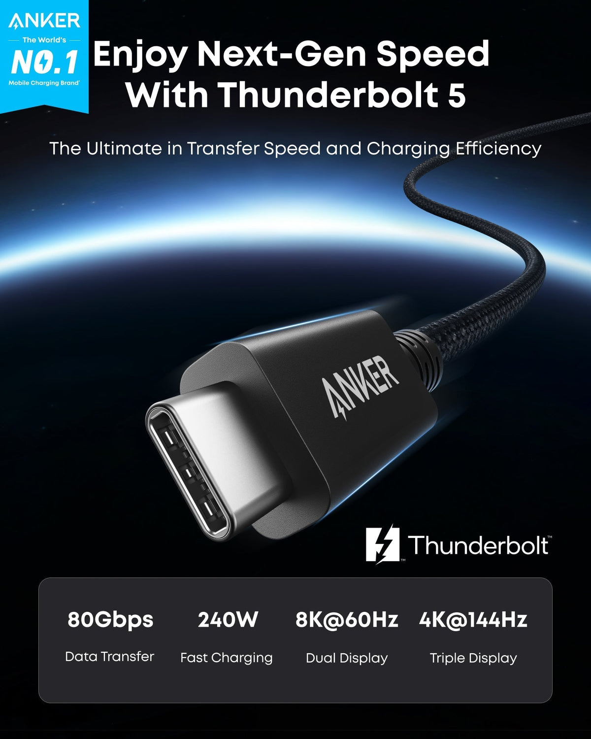 Anker Prime Thunderbolt 5 Cable (1m, 80Gbps, 240W)