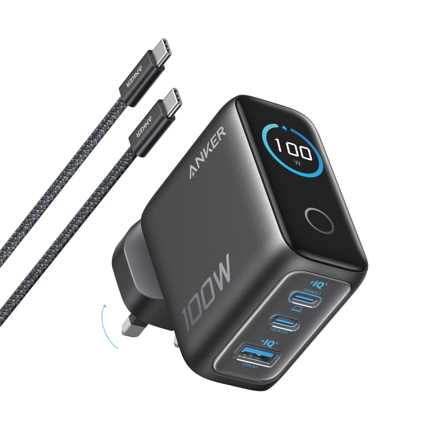 Anker Charger (100W, 3 Ports, Smart Display)