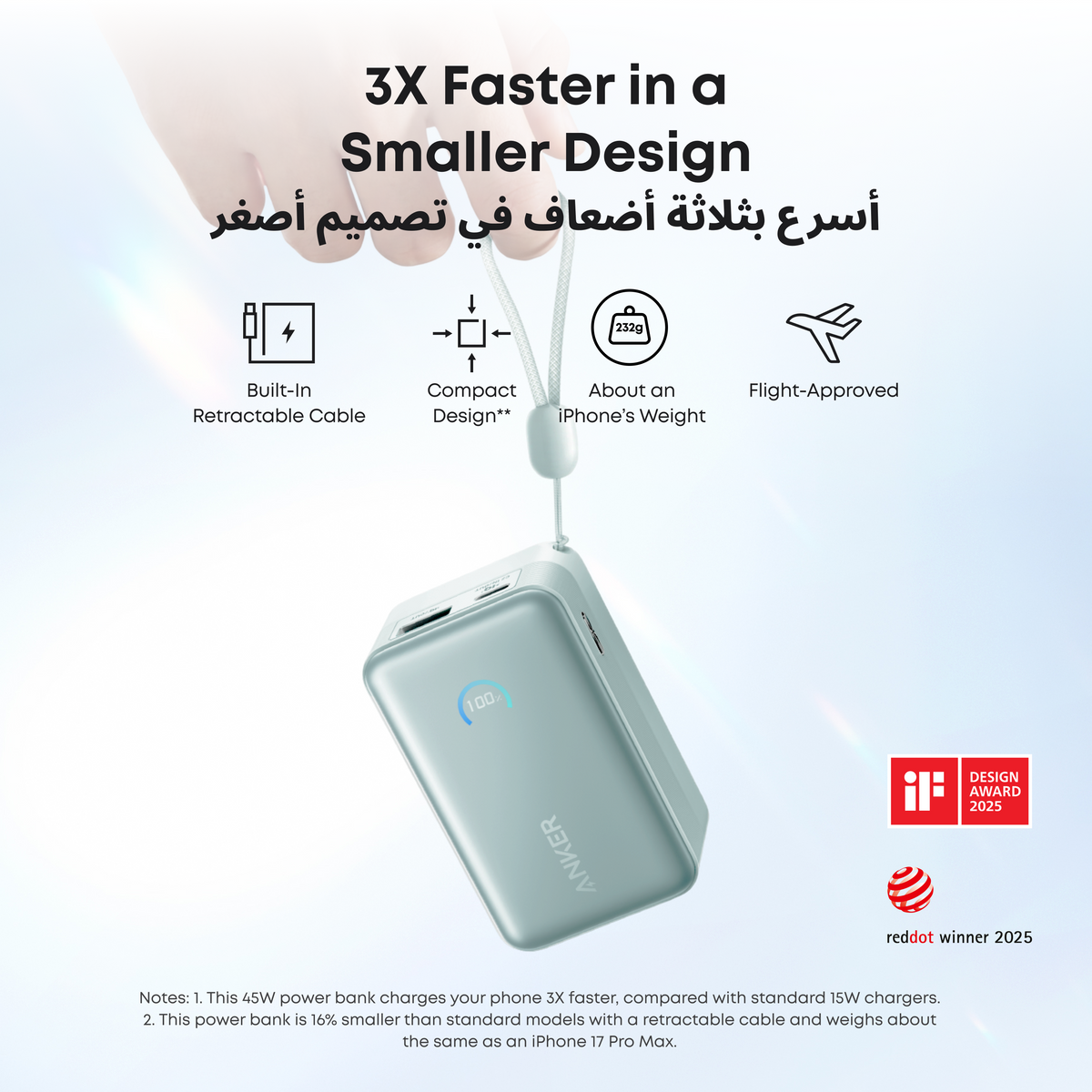 Anker Nano Power Bank 10000mAh 45W Built-In Retractable USB-C Cable