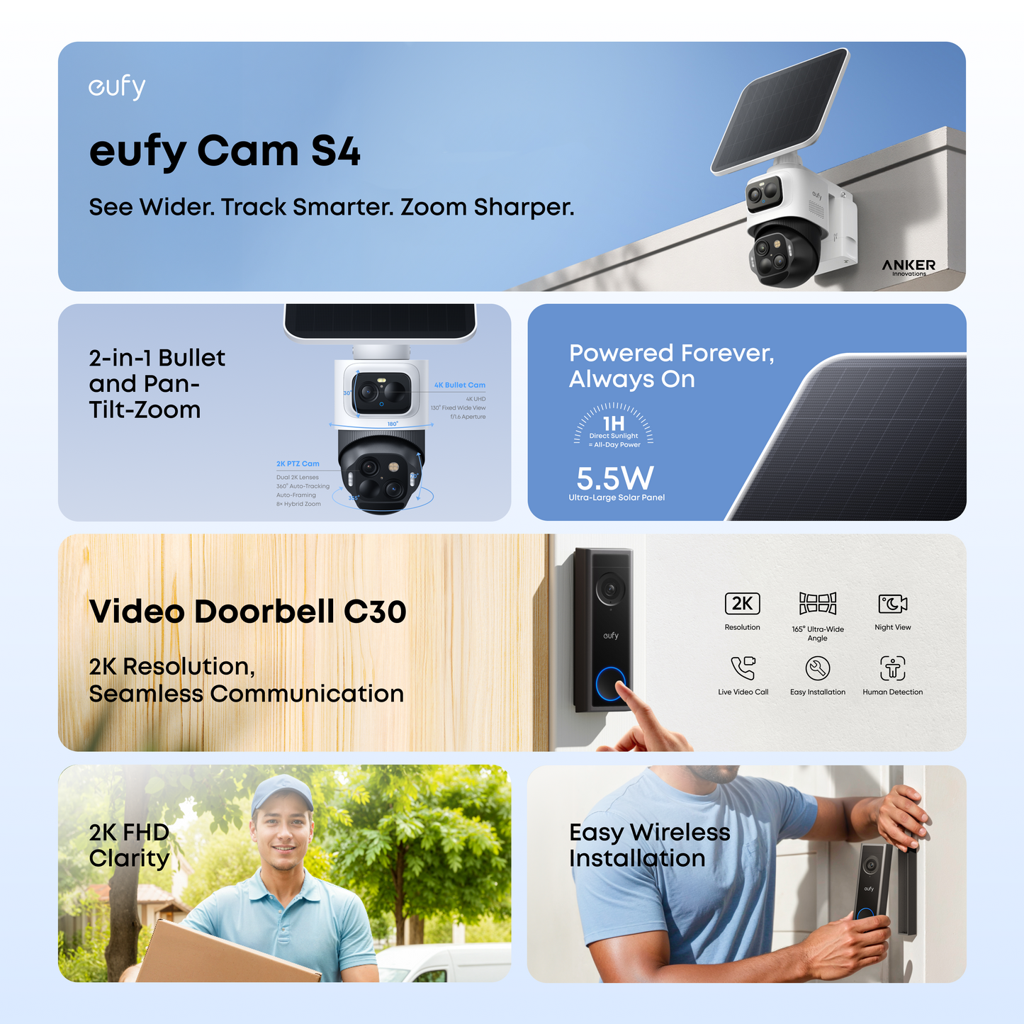 eufyCam S4 Triple-Lens Outdoor Solar Security Camera Solo + eufy Video Doorbell C30