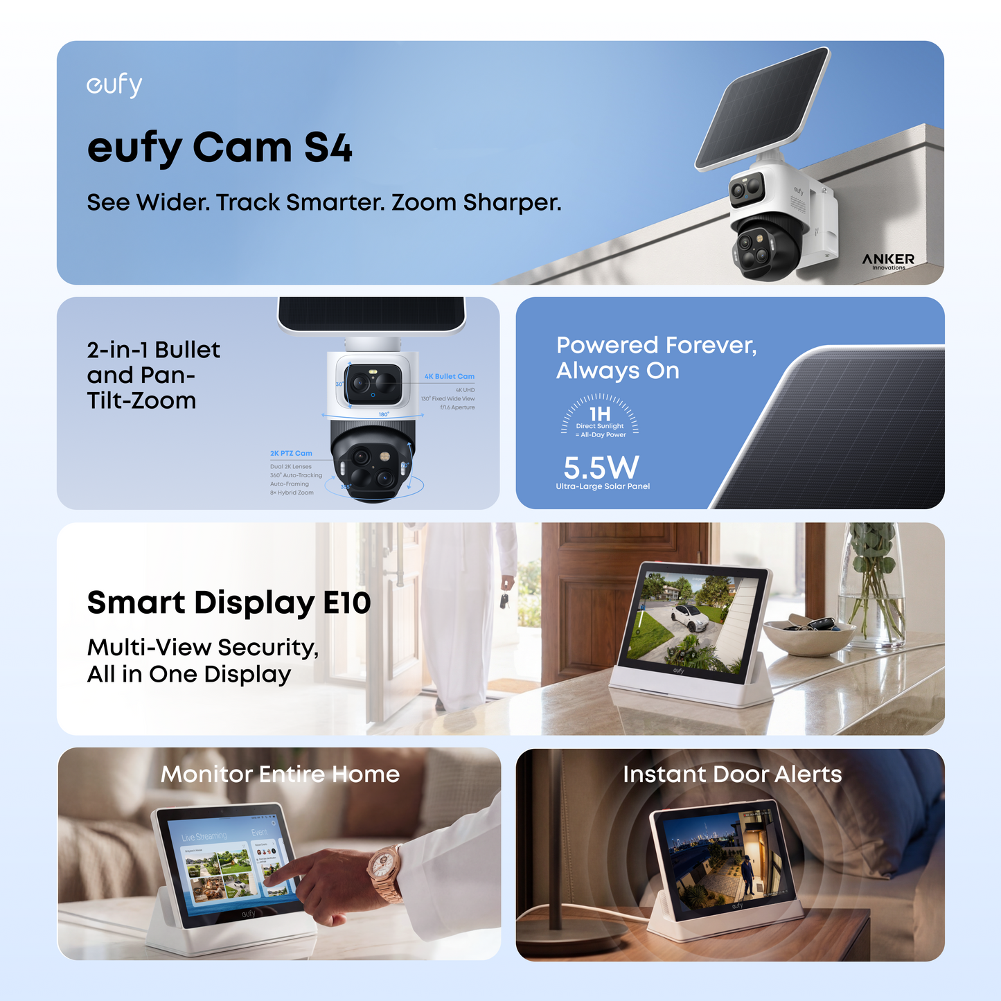 eufyCam S4 Triple-Lens Outdoor Solar Security Camera 2-Cam Kit +  eufy Smart Display E10