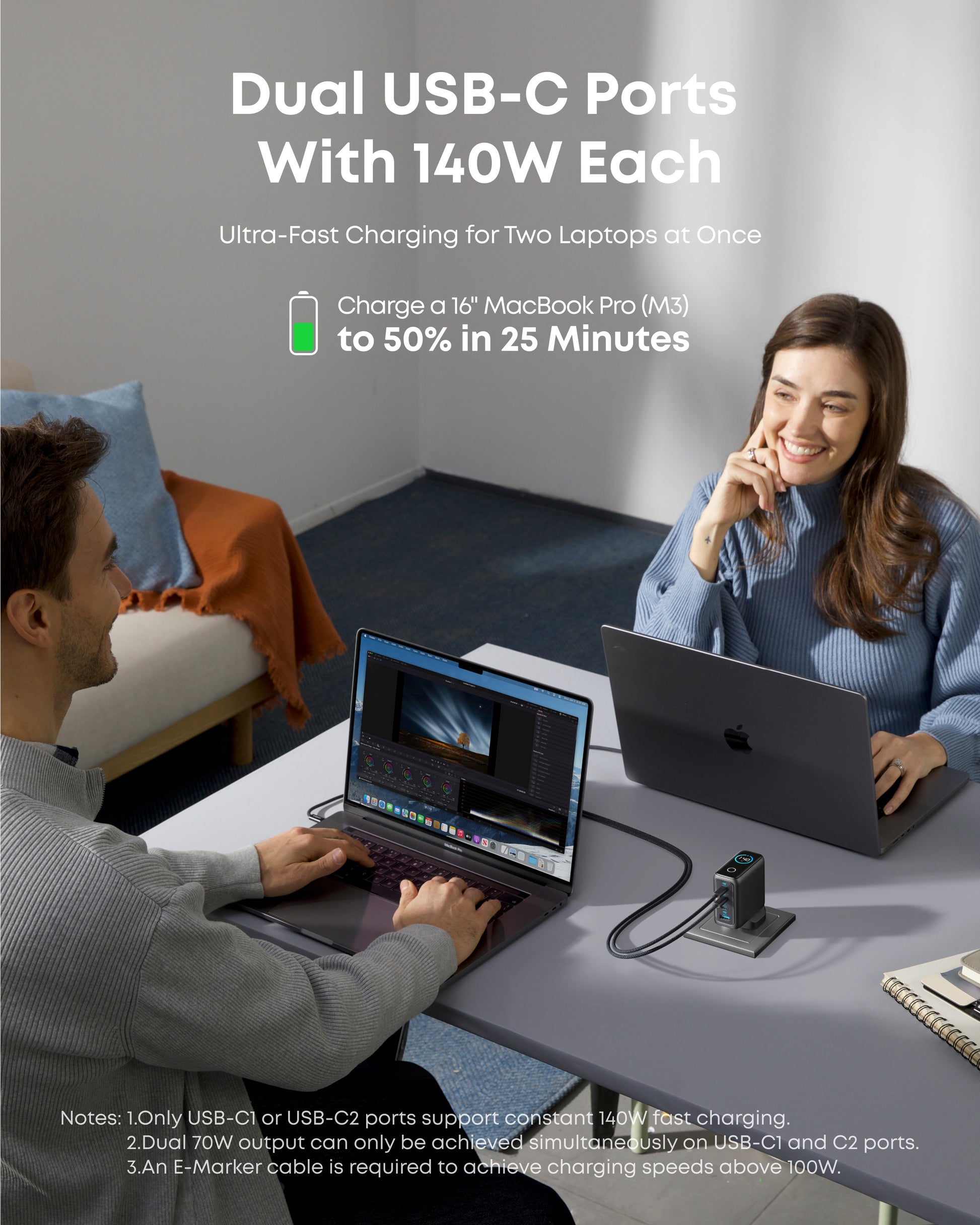 Anker 140W charger with power and temperature display for efficient charging