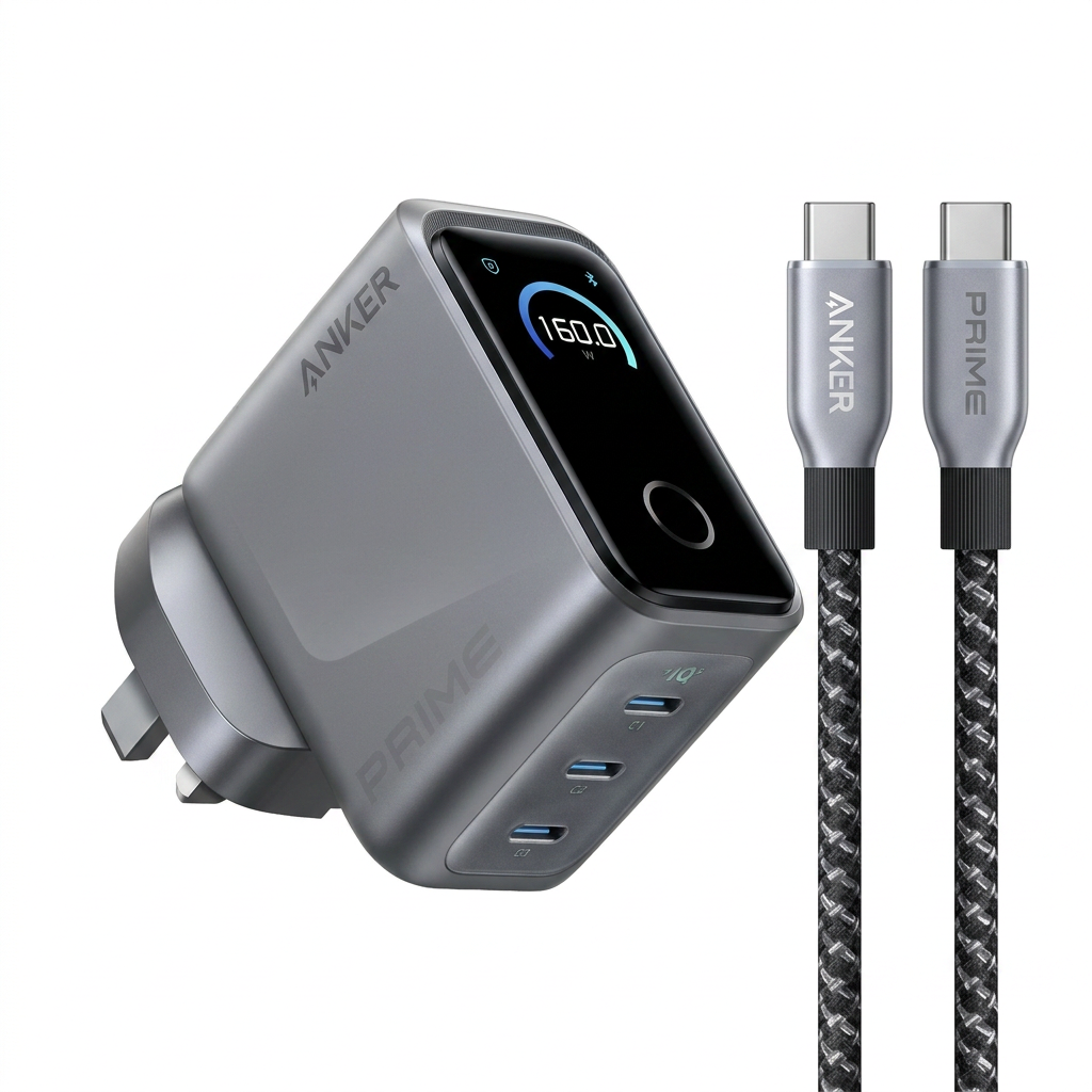 Anker Prime Charger (160W, 3 Ports, Smart Display) + USB-C to USB-C Cable (240W, Upcycled-Braided)
