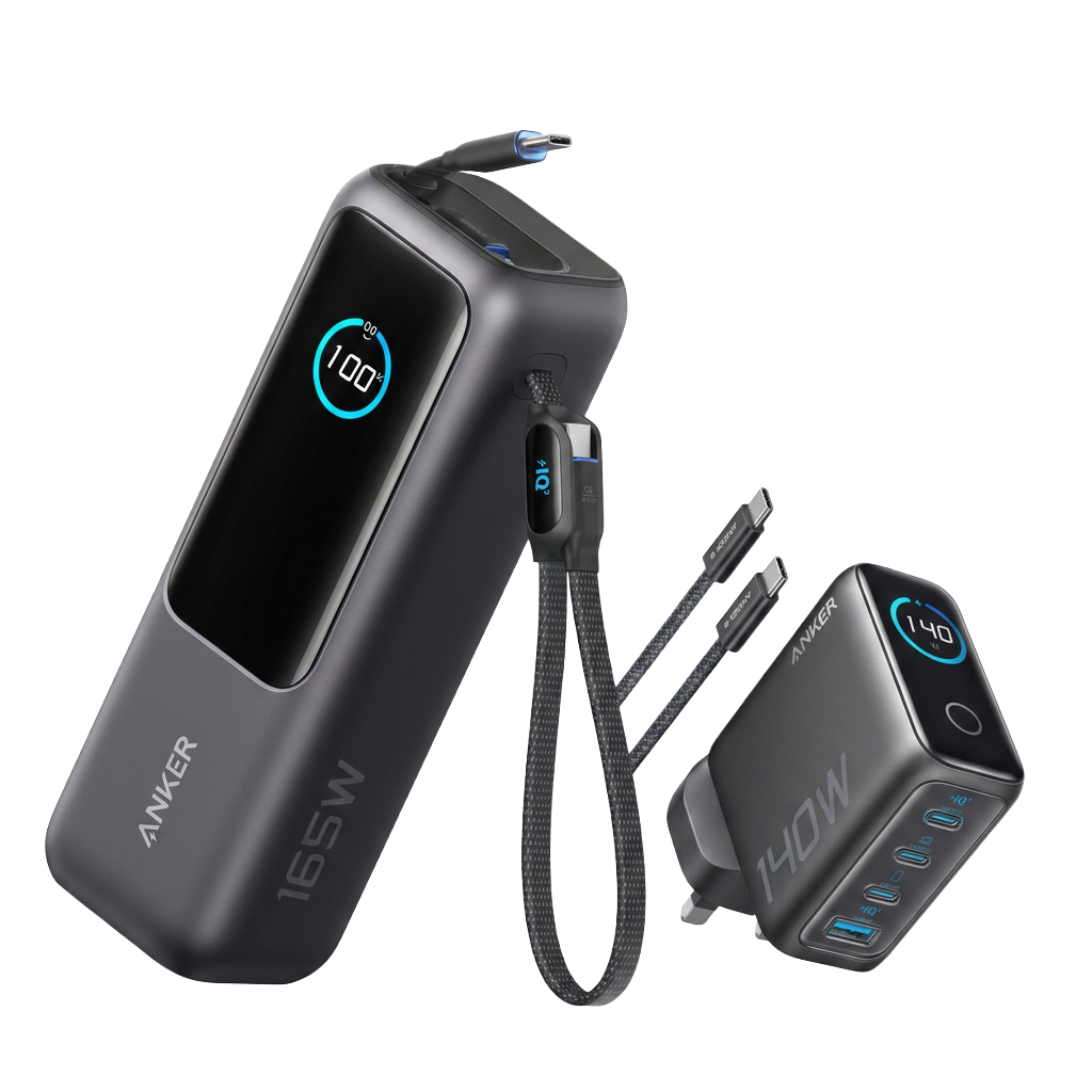 Anker Power Bank 25000mAh 165W Built-In Retractable USB-C Cable + Anker Laptop Charger (140W, 4-Port, PD 3.1) with USB-C Cable