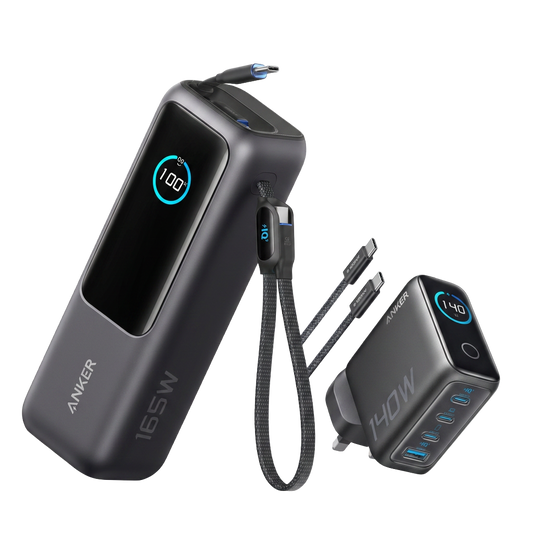 Anker Power Bank 25000mAh 165W Built-In Retractable USB-C Cable + Anker Laptop Charger (140W, 4-Port, PD 3.1) with USB-C Cable