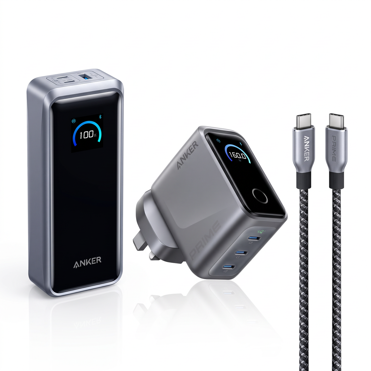 Anker Prime 26,250mAh Power Bank (300W)+Anker Prime Charger (160W, 3 Ports, Smart Display)+Anker Prime USB-C to USB-C Cable (240W, Upcycled-Braided)