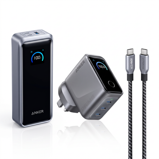 Anker Prime 26,250mAh Power Bank (300W)+Anker Prime Charger (160W, 3 Ports, Smart Display)+Anker Prime USB-C to USB-C Cable (240W, Upcycled-Braided)