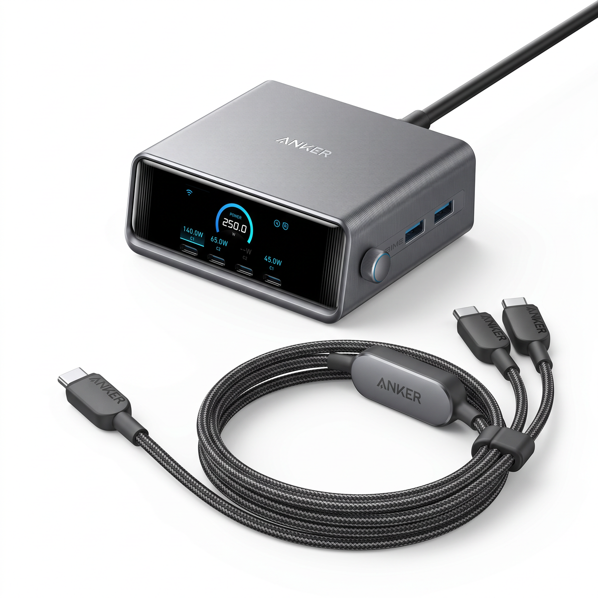 Anker Prime Desktop Charger 250W 6 Ports+Anker 2-in-1 USB C to USB C Cable 140W