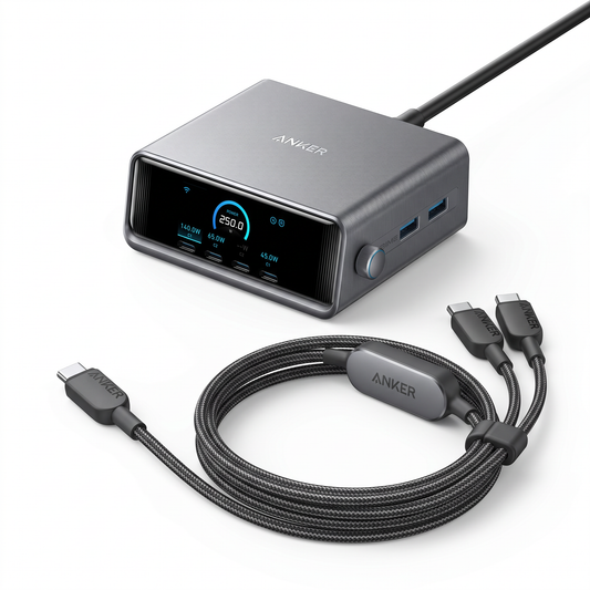 Anker Prime Desktop Charger 250W 6 Ports+Anker 2-in-1 USB C to USB C Cable 140W