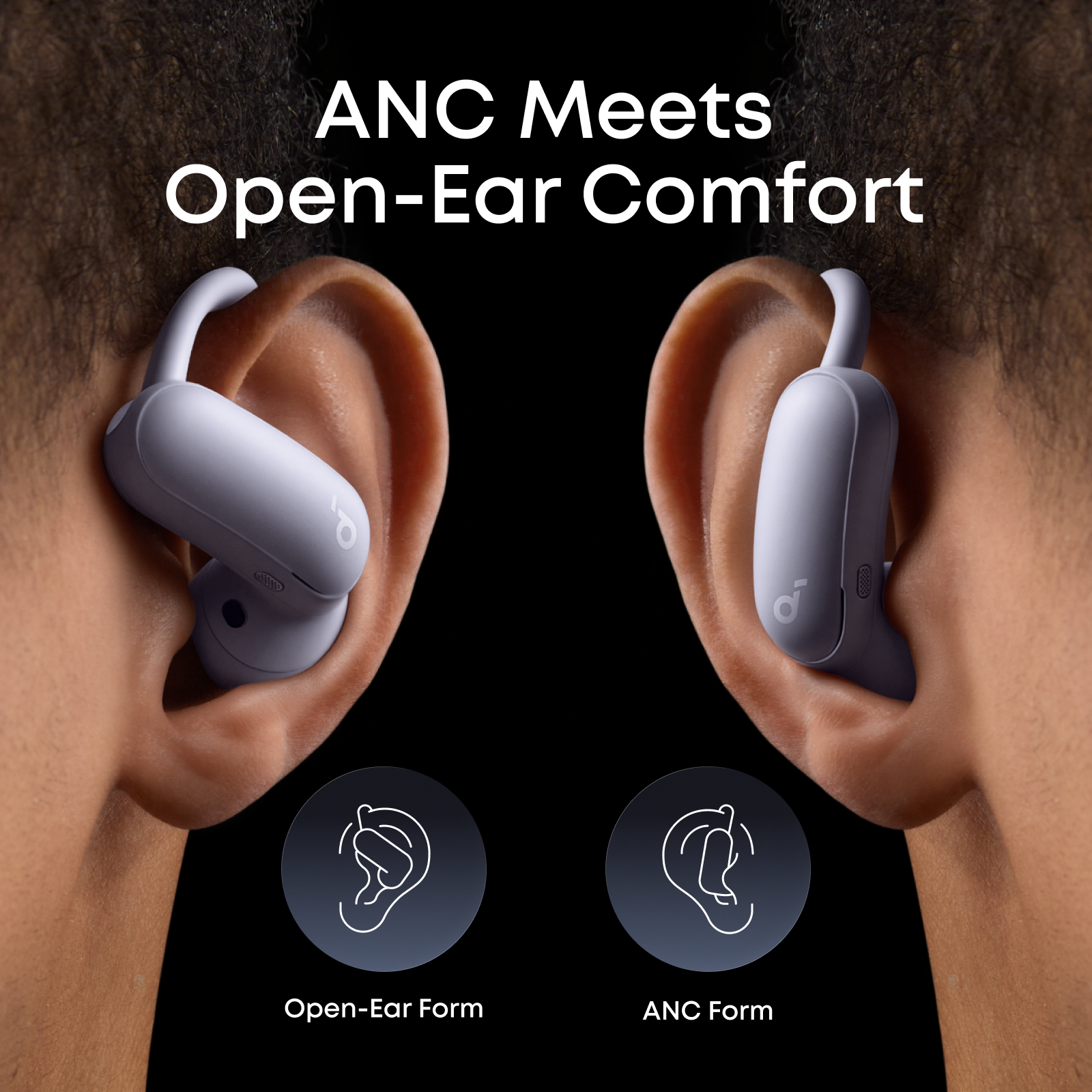 Wearing purple soundcore Aerofit 2 Pro dual form earbuds