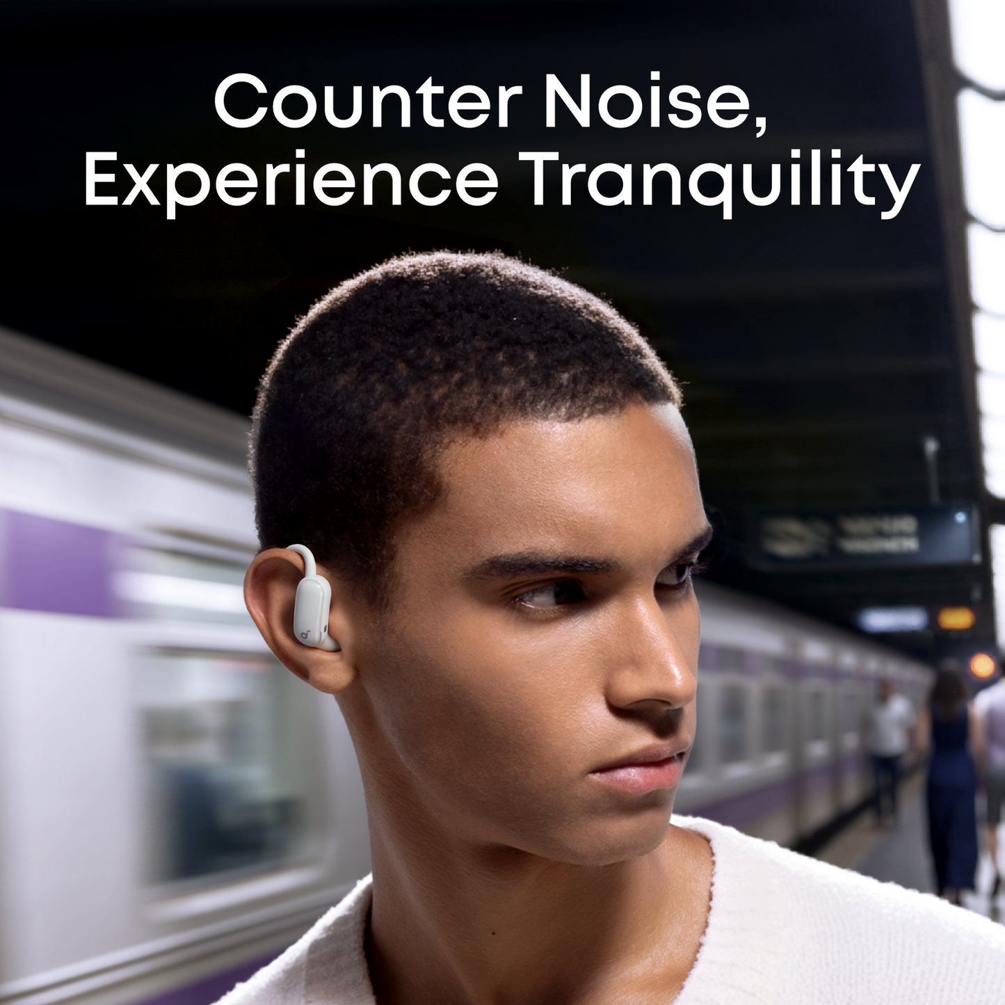 men wearing white aerofit 2 pro anc earbuds enjoy noise environment
